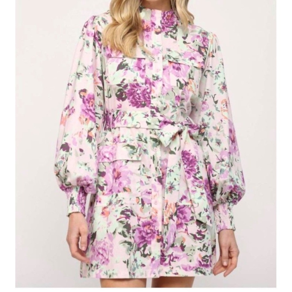 Fate Floral Medium Linen Blend Utility Shirt Dress Purple Green Long Sleeve Tea